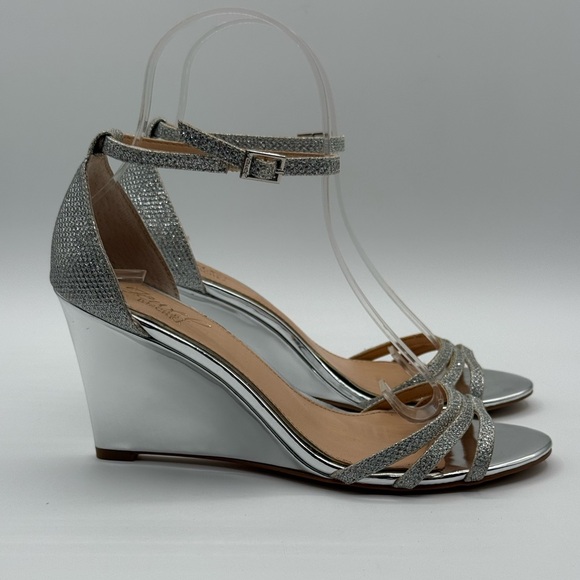 Jewel Badgley Mischka Silver Leather Sparkle Ankle Open Toe Strappy Sandal SZ 7 - Picture 15 of 16